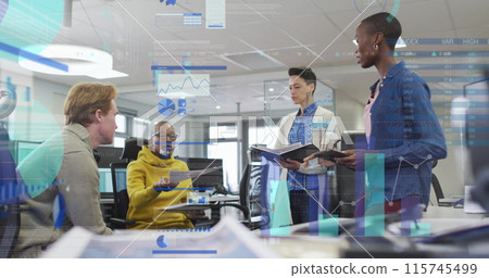 Image of infographic interface and multiracial colleagues discussing sales report in office Image of infographic interface and multiracial colleagues discussing sales report in office 115745499