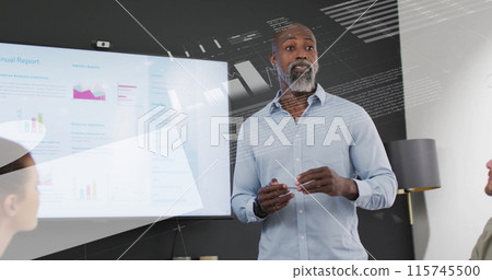 Image of infographic interface and diverse manager explaining project details to colleagues Image of infographic interface and diverse manager explaining project details to colleagues 115745500