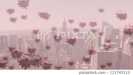 Image of covid 19 cells floating over cityscape on pink background 115745513