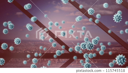 Image of covid 19 cells floating over cityscape seen through window in background 115745518
