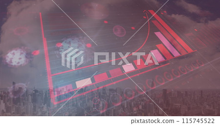 Image of covid 19 cells floating over statistics recording and cityscape on red background Image of covid 19 cells floating over statistics recording and cityscape on red background 115745522