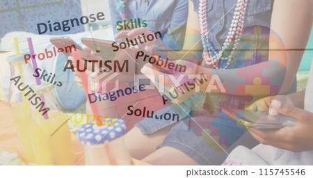 Image of colourful puzzle pieces heart and autism text over friends using smartphone and laptop Image of colourful puzzle pieces heart and autism text over friends using smartphone and laptop 115745546