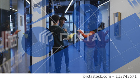 Image of multiple graphs and diverse colleagues discussing documents in office corridor Image of multiple graphs and diverse colleagues discussing documents in office corridor 115745571