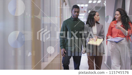 Image of infographic interface and diverse colleagues discussing project in corridor 115745576