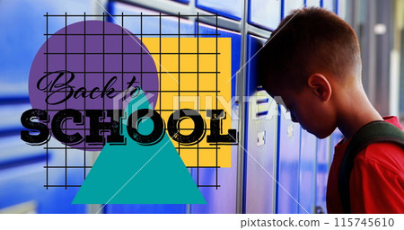 Image of back to school text over sad schoolboy 115745610