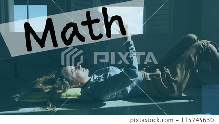 Image of math text over woman using tablet Image of math text over woman using tablet 115745630