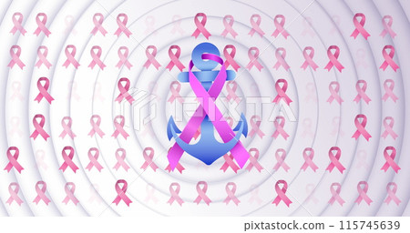 Image of pink breast cancer ribbon over pink ribbons on white background Image of pink breast cancer ribbon over pink ribbons on white background 115745639