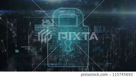 Security padlock icon and cyber security data processing against network of connections 115745693