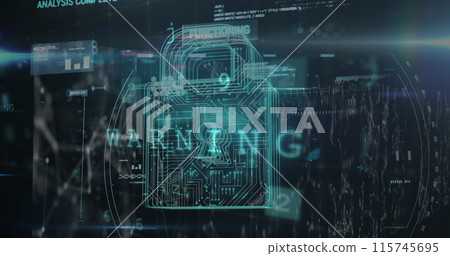 Security padlock icon and cyber security data processing against network of connections 115745695