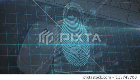 Biometric fingerprint scanner and security padlocks against close up of a mouse and computer server 115745700