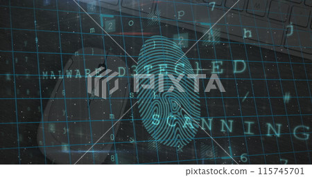 Biometric fingerprint scanner and security padlocks against close up of a mouse and computer server 115745701