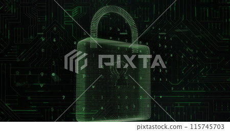 Brain spinning over security padlock icon against microprocessor connections on green background 115745703
