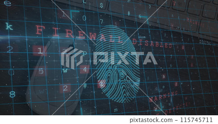 Biometric fingerprint scanner and security padlocks against close up of a mouse and computer server 115745711