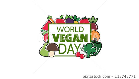Image of world vegan day over globe on white background 115745771