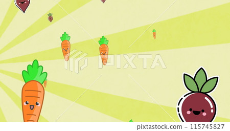 Image of vegetables falling on yellow striped background 115745827