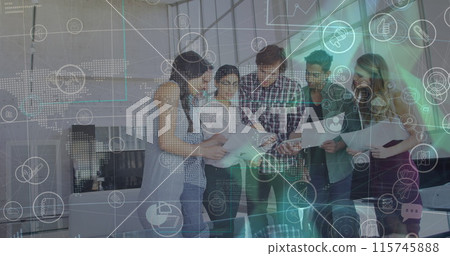 Image of icons and lights over diverse businesspeople working in office 115745888