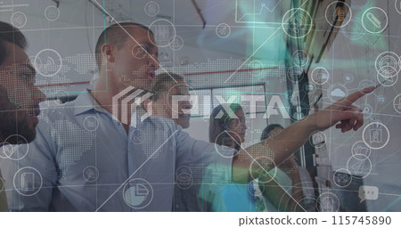 Image of icons and shapes over caucasian businesspeople working in office 115745890