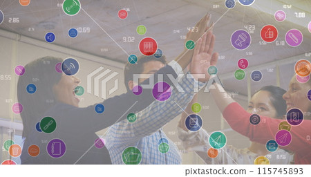 Image of media icons over diverse business people smiling 115745893