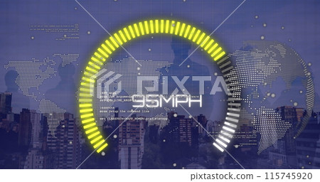 Image of speedometer over world map, globe, peoples silhouette and cityscape 115745920
