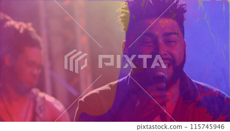 Image of colourful light swirls and spray paint over diverse male singer and musician performing 115745946