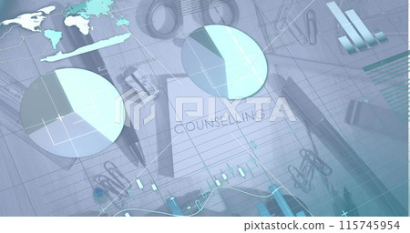 Image of digital infographic interface over counselling text on notepad with stationery on table Image of digital infographic interface over counselling text on notepad with stationery on table 115745954