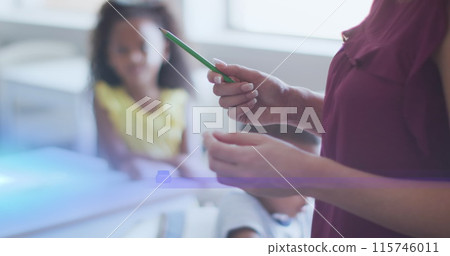 Image of light trails over diverse schoolchildren and teacher 115746011
