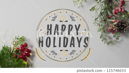 Christmas wreath decoration over snow falling on christmas tree on winter landscape Christmas wreath decoration over snow falling on christmas tree on winter landscape 115746033