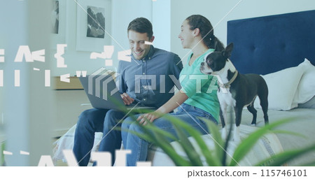 Image of numbers changing over caucasian couple using laptop 115746101