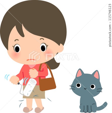A woman removes cat hair from her clothes before going out 115746123