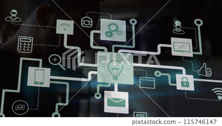Image of network of connections with icons over man using smartphone Image of network of connections with icons over man using smartphone 115746147