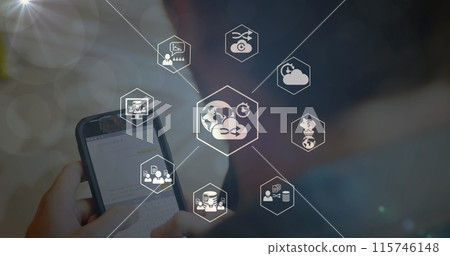 Image of network of connections with icons over man using smartphone Image of network of connections with icons over man using smartphone 115746148