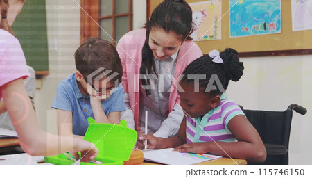 Image of data processing over caucasian female teacher with diverse schoolchildren Image of data processing over caucasian female teacher with diverse schoolchildren 115746150