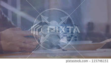 Image of network of connections with icons over man using smartphone 115746151