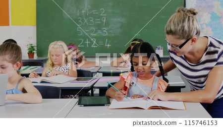 Image of data processing over caucasian female teacher with diverse schoolchildren 115746153