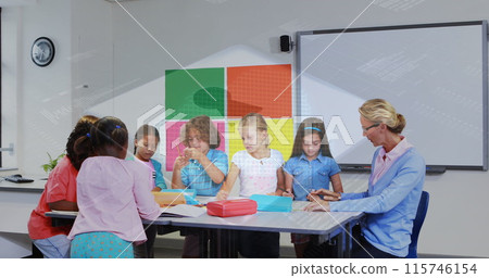Image of data processing and padlock over caucasian female teacher with diverse schoolchildren Image of data processing and padlock over caucasian female teacher with diverse schoolchildren 115746154