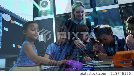 Image of data processing over caucasian female teacher with diverse schoolchildren 115746156