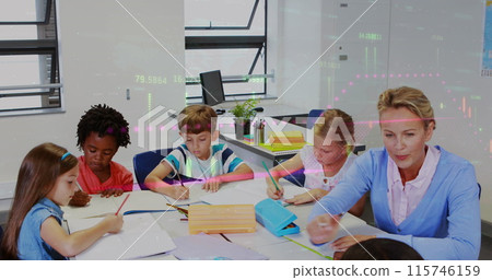 Image of data processing over caucasian female teacher with diverse schoolchildren 115746159