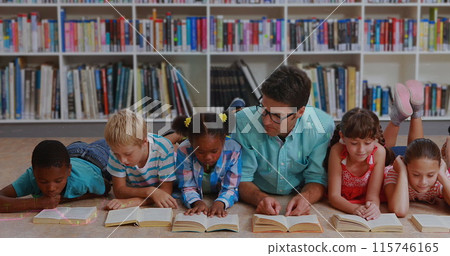 Image of data processing over caucasian male teacher with diverse schoolchildren reading Image of data processing over caucasian male teacher with diverse schoolchildren reading 115746165