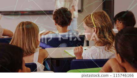 Image of shapes moving over diverse schoolchildren in classroom 115746166