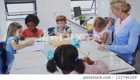 Image of data processing over caucasian female teacher with diverse schoolchildren Image of data processing over caucasian female teacher with diverse schoolchildren 115746169
