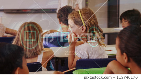 Image of data processing over diverse schoolchildren talking 115746170