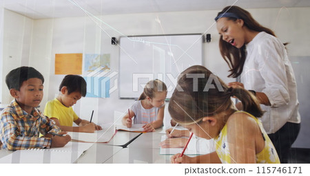 Image of data processing over biracial female teacher with diverse schoolchildren 115746171