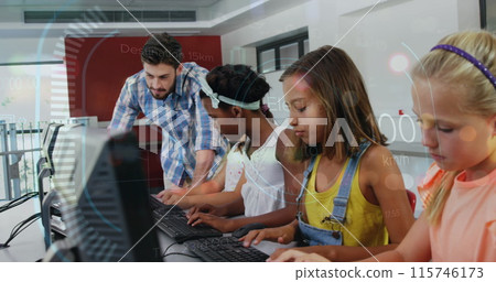 Image of data processing over caucasian male teacher with diverse schoolchildren using computers 115746173