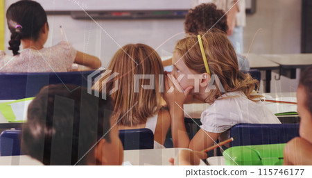 Image of data processing over diverse schoolchildren talking 115746177