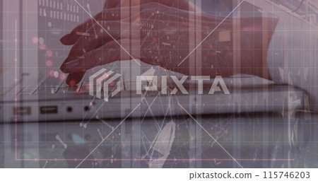 Image of network of connections over server room and hands typing on keyboard 115746203