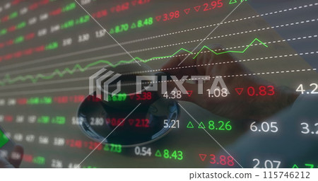 Image of financial data processing over man using smartphone with green screen Image of financial data processing over man using smartphone with green screen 115746212