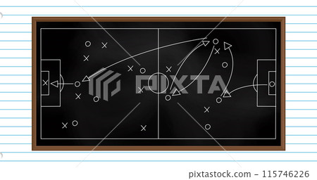 Image of football game strategy drawn on black chalkboard against white lined paper background Image of football game strategy drawn on black chalkboard against white lined paper background 115746226