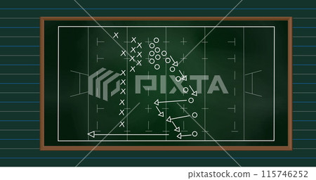 Image of football game strategy drawn on green chalkboard against green lined paper background Image of football game strategy drawn on green chalkboard against green lined paper background 115746252
