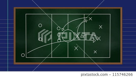 Image of football game strategy drawn on green chalkboard against blue lined paper background Image of football game strategy drawn on green chalkboard against blue lined paper background 115746266