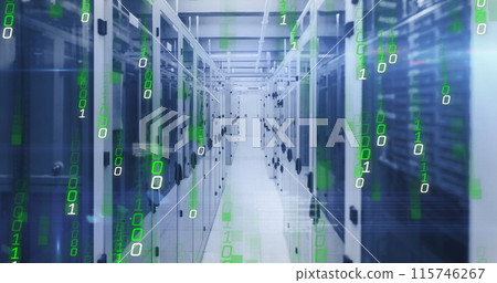 Image of falling binary codes and computer language over server room 115746267